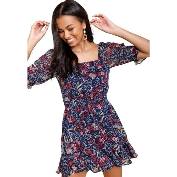 Navy TRIXXI Francesca’s Beck Mixed Floral Godet Mini Dress - Picture 2 of 9